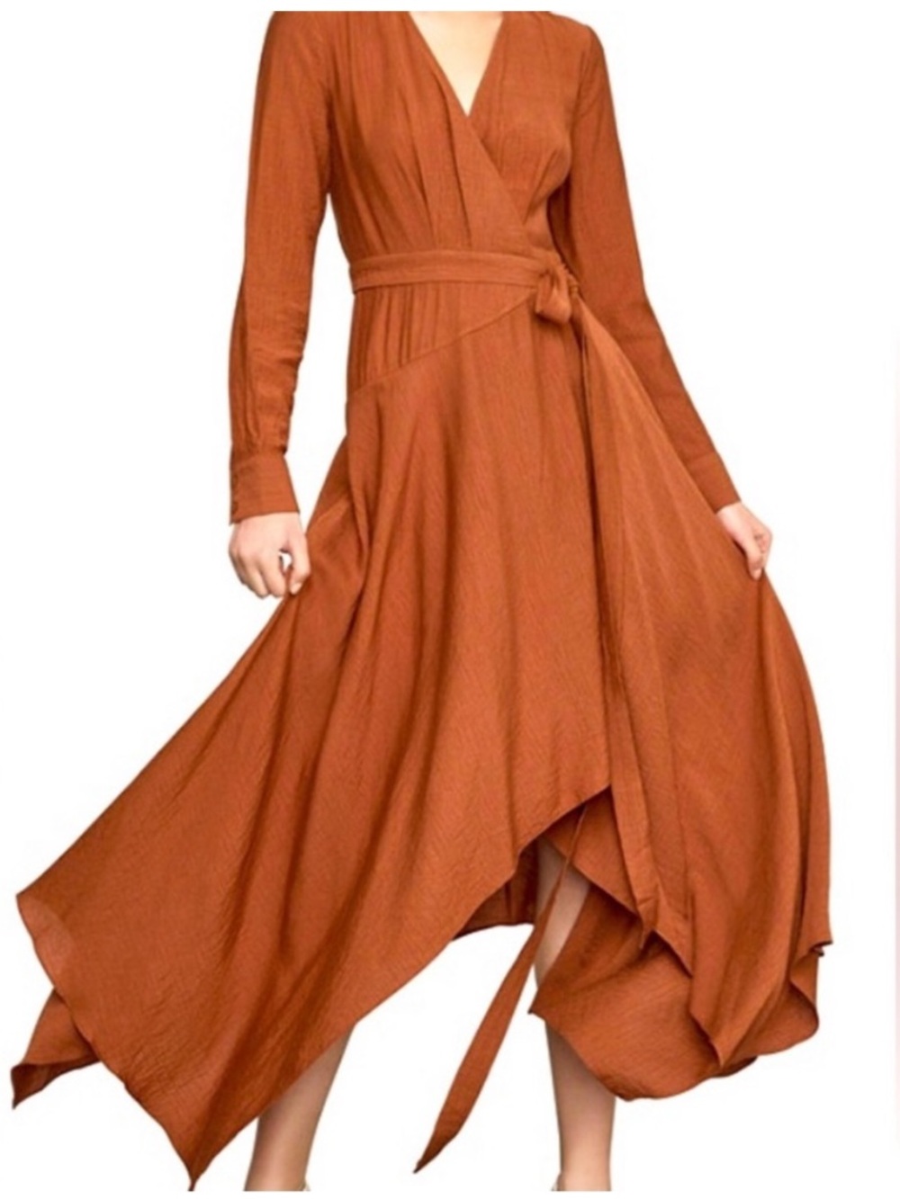BCBGMaxAzria Asymmetrical Wrap Dress in Rust Orange